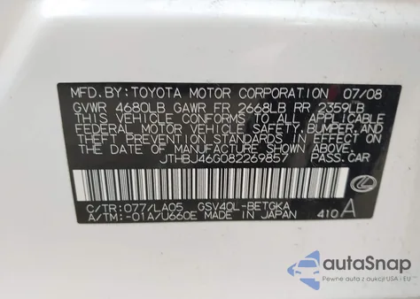 2008 Lexus Es 350 из США, поврежденный, VIN JTHBJ46G082269857